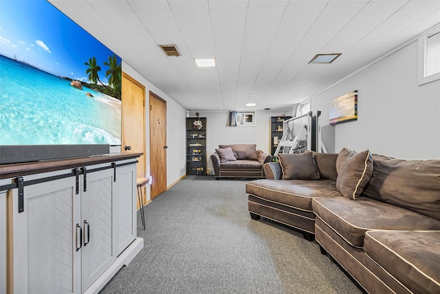 carpeted living room featuring visible vents