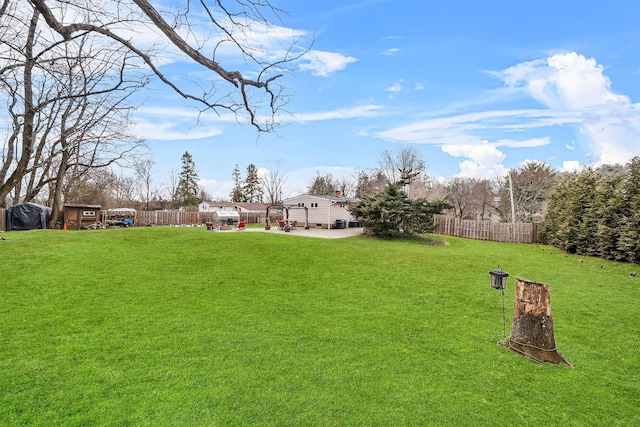 view of yard with a fenced backyard and a patio