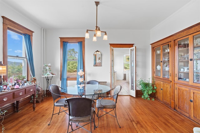 dining space featuring a healthy amount of sunlight, an inviting chandelier, and light wood-type flooring