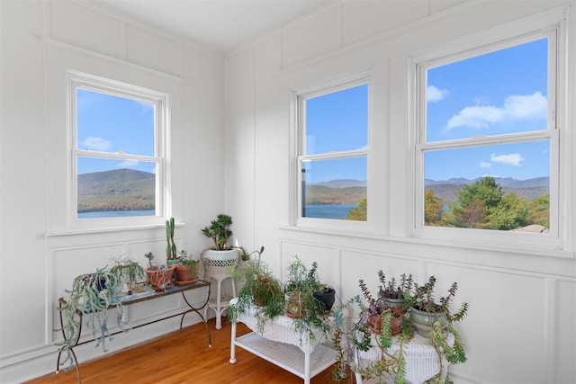 sitting room featuring wood-type flooring, a mountain view, a healthy amount of sunlight, and ornamental molding