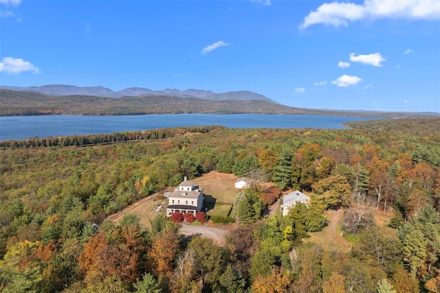 bird's eye view with a water and mountain view