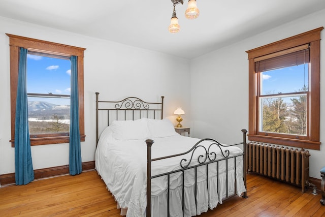 bedroom featuring light wood-style floors, baseboards, a mountain view, and radiator heating unit