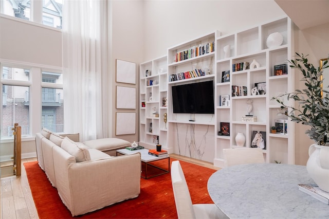 living room featuring hardwood / wood-style floors and a high ceiling