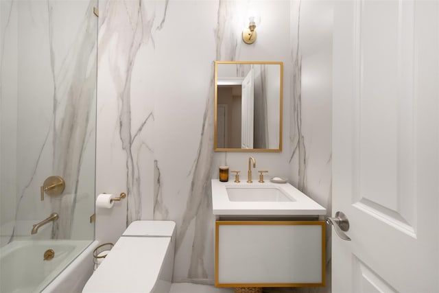 full bathroom featuring vanity,  shower combination, and toilet