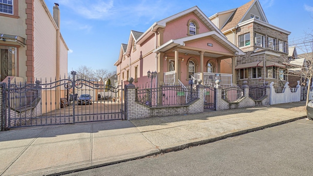 view of front of home with covered porch, a fenced front yard, a gate, and stucco siding