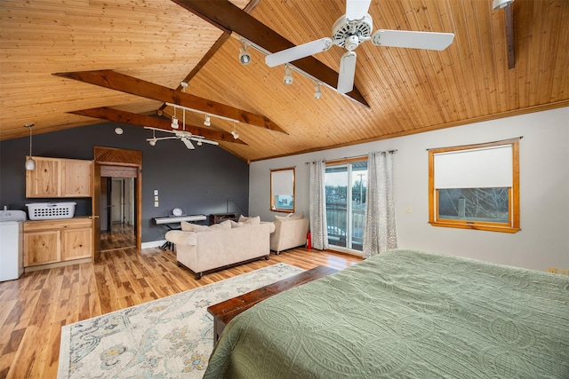 bedroom featuring vaulted ceiling with beams, wooden ceiling, and light hardwood / wood-style flooring