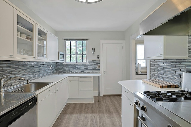 kitchen with exhaust hood, a sink, white cabinetry, light countertops, and light wood finished floors