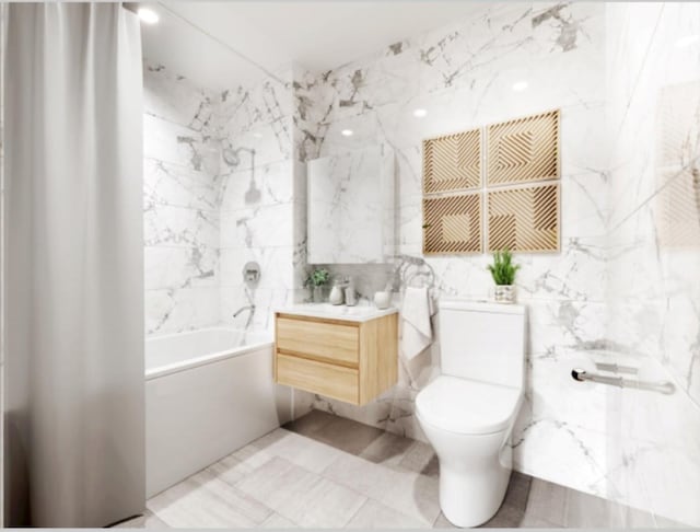 full bathroom featuring vanity, tile walls, toilet, and shower / bath combo with shower curtain