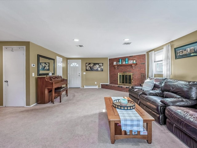 living room with a fireplace and light carpet