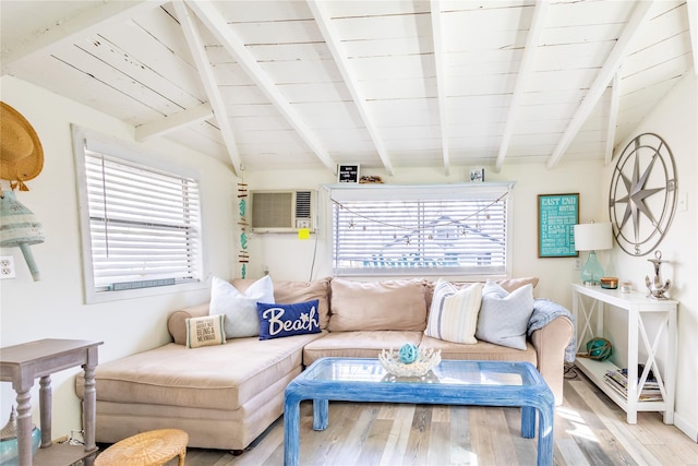 47 Woodcliff Trl, Baiting Hollow, NY 11933 - living room with wooden ceiling, a wall mounted air conditioner, light hardwood / wood-style floors, and vaulted ceiling with beams