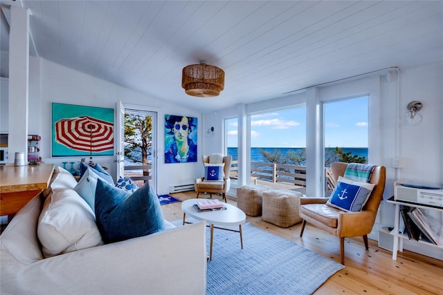 living room with a baseboard radiator, light wood-type flooring, a water view, and a wealth of natural light