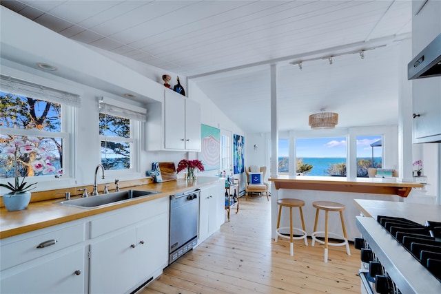 kitchen featuring light wood finished floors, light countertops, stainless steel dishwasher, white cabinetry, and a sink