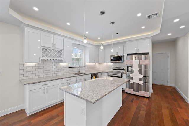 kitchen with pendant lighting, stainless steel appliances, a raised ceiling, and white cabinets