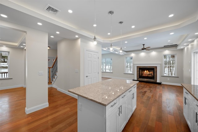 kitchen with dark hardwood / wood-style floors, pendant lighting, white cabinets, a center island, and a tray ceiling