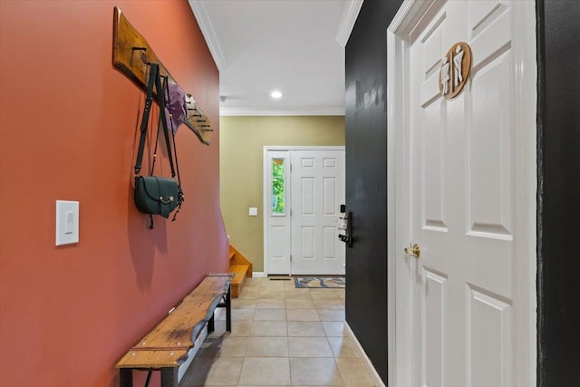 6 W Causeway, Cortlandt Manor, NY 10567 - mudroom with crown molding, baseboards, light tile patterned floors, and recessed lighting