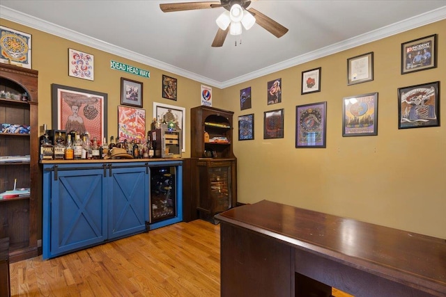 6 W Causeway, Cortlandt Manor, NY 10567 - bar featuring crown molding, beverage cooler, light wood-style floors, a bar, and a ceiling fan