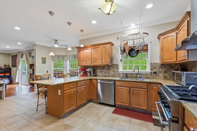 6 W Causeway, Cortlandt Manor, NY 10567 - kitchen with a sink, crown molding, stainless steel appliances, and a peninsula