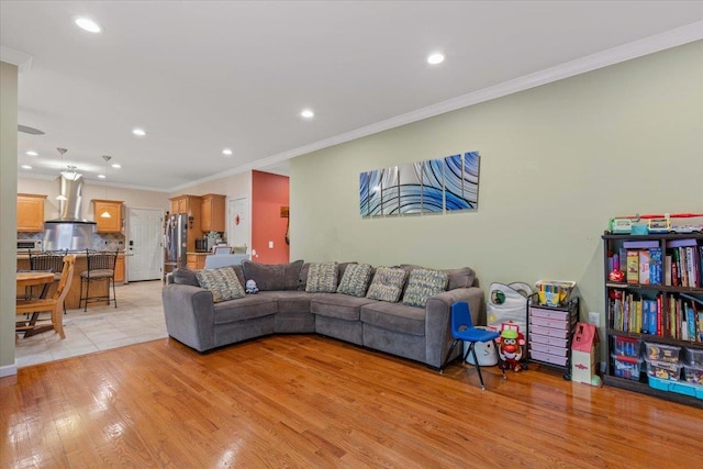 6 W Causeway, Cortlandt Manor, NY 10567 - living room featuring recessed lighting, ornamental molding, and light wood-style floors