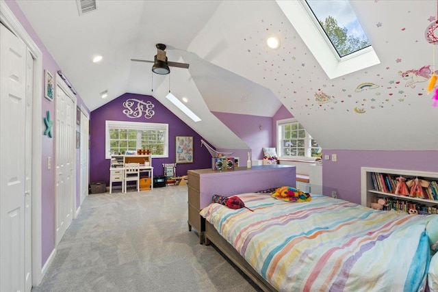 6 W Causeway, Cortlandt Manor, NY 10567 - carpeted bedroom featuring ceiling fan, lofted ceiling with skylight, and visible vents