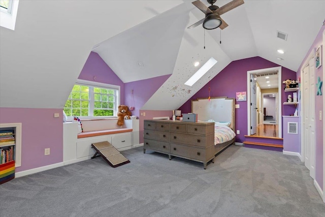 6 W Causeway, Cortlandt Manor, NY 10567 - carpeted bedroom with baseboards, a ceiling fan, lofted ceiling with skylight, and visible vents