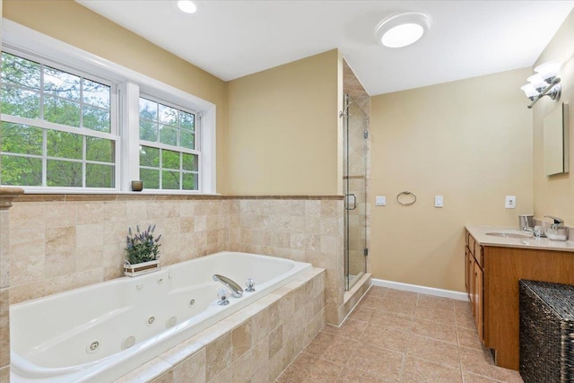 6 W Causeway, Cortlandt Manor, NY 10567 - bathroom featuring tile patterned flooring, a shower stall, vanity, baseboards, and a whirlpool tub