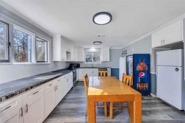 kitchen featuring white cabinetry, crown molding, electric stove, and white refrigerator