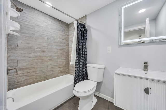 full bathroom featuring vanity, shower / tub combo, tile patterned flooring, and toilet