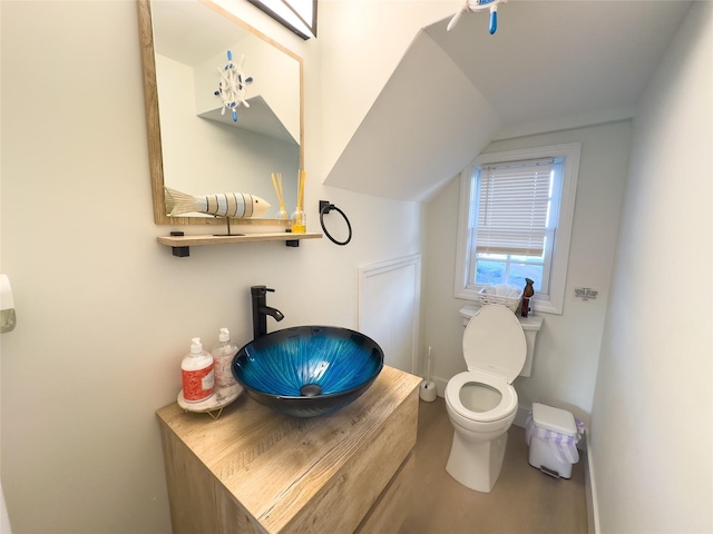 bathroom with sink, vaulted ceiling, and toilet