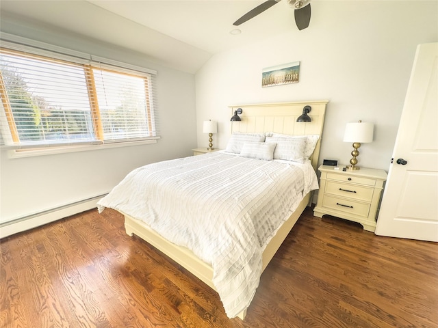 bedroom with baseboard heating, ceiling fan, lofted ceiling, and dark hardwood / wood-style floors