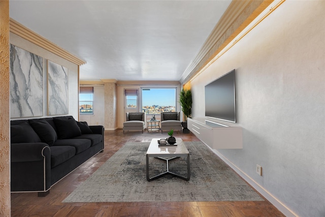 living room featuring ornamental molding and dark parquet floors