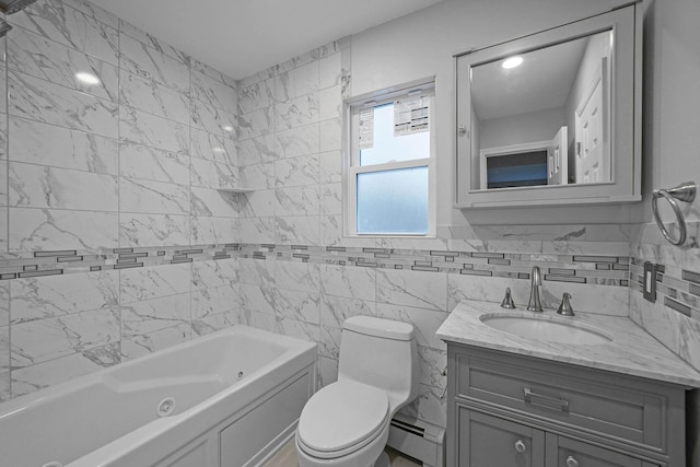 bathroom with a baseboard radiator, tile walls, vanity, and toilet