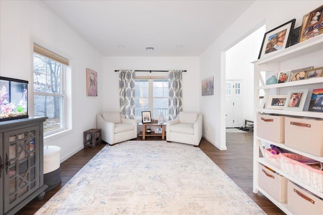 sitting room featuring dark wood-type flooring