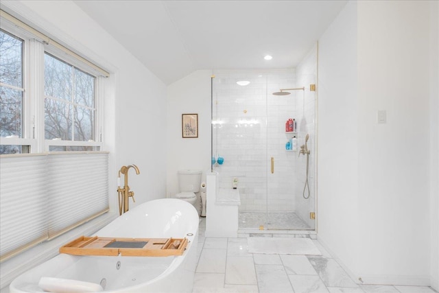 bathroom featuring vaulted ceiling, plus walk in shower, and toilet