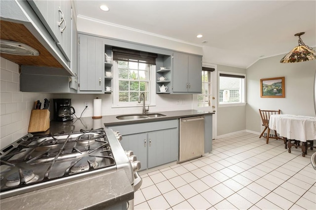 kitchen with appliances with stainless steel finishes, gray cabinets, sink, and a wealth of natural light