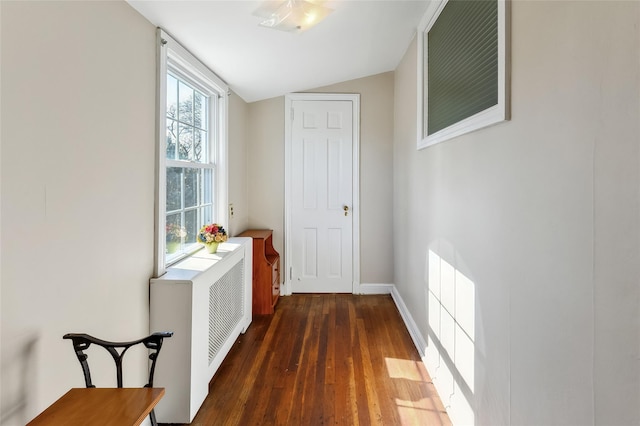 corridor with vaulted ceiling, dark wood-type flooring, and radiator heating unit