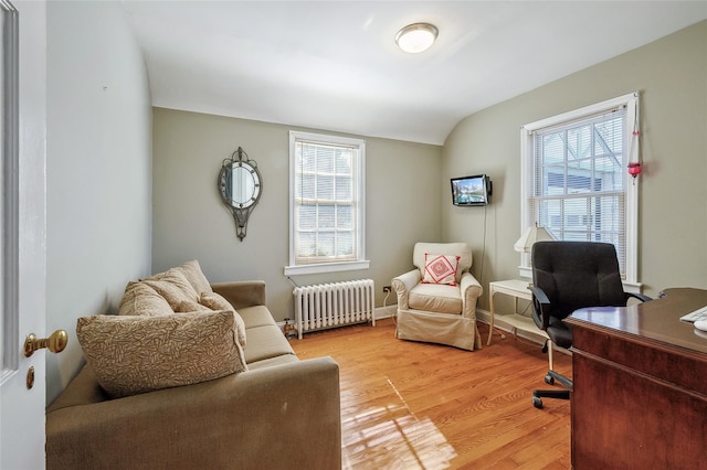 office space featuring plenty of natural light, radiator, vaulted ceiling, and light hardwood / wood-style flooring