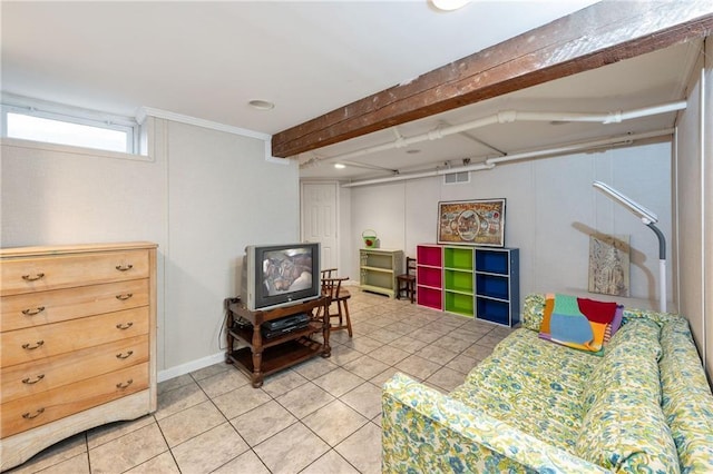 recreation room featuring tile patterned flooring, beam ceiling, and crown molding