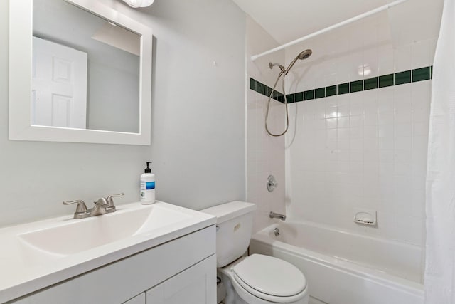 full bathroom with toilet, shower / bath combination with curtain, and vanity