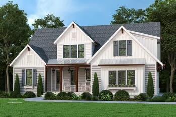 modern farmhouse with a porch and a front yard