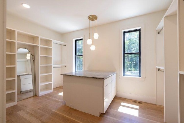 walk in closet with light hardwood / wood-style floors