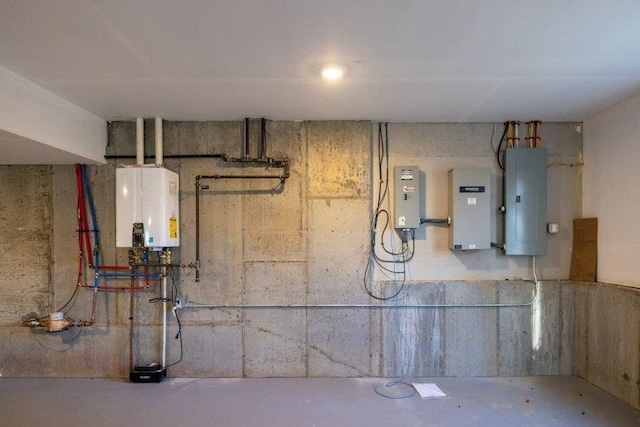 utilities featuring electric panel and tankless water heater