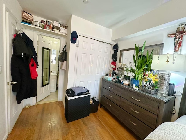 bedroom featuring connected bathroom, light hardwood / wood-style floors, and a closet