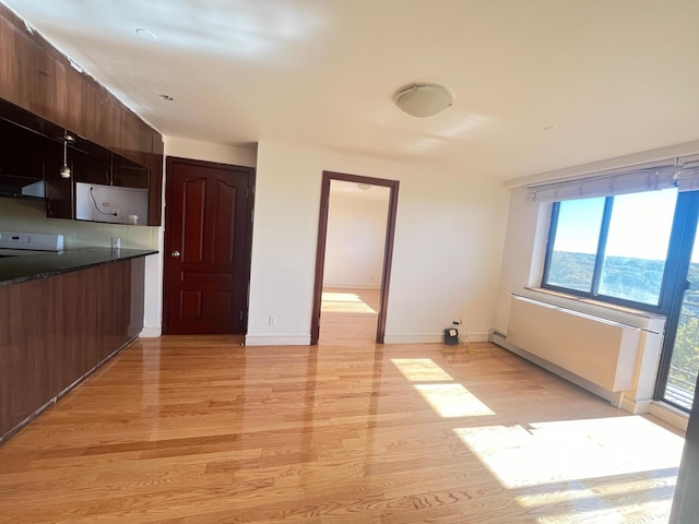 kitchen featuring exhaust hood, light hardwood / wood-style flooring, and stove