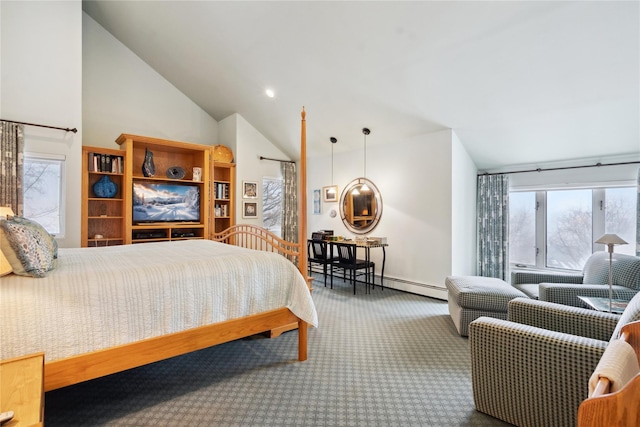 bedroom featuring multiple windows, a baseboard heating unit, high vaulted ceiling, and carpet