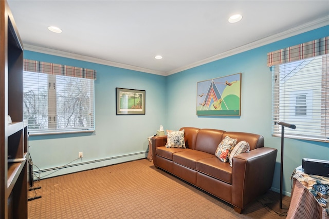 carpeted living room featuring crown molding and a baseboard heating unit