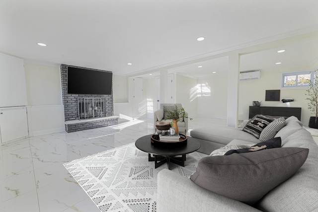 living room with ornamental molding, a wall mounted air conditioner, and a brick fireplace