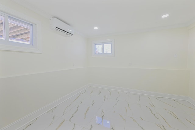 interior space featuring crown molding and a wall mounted air conditioner