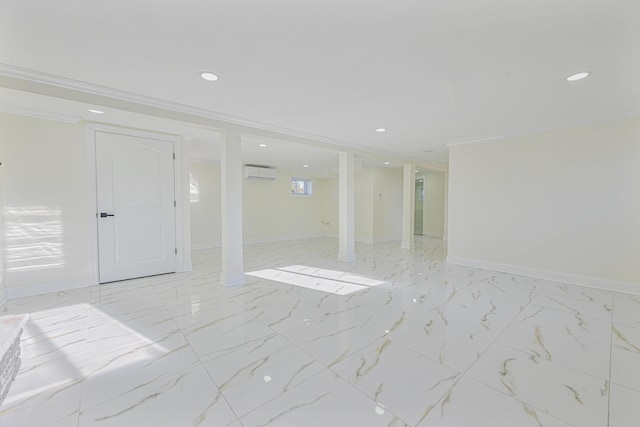 interior space with crown molding and an AC wall unit