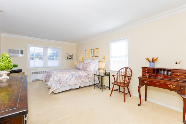 carpeted bedroom featuring multiple windows, crown molding, radiator, and a wall unit AC