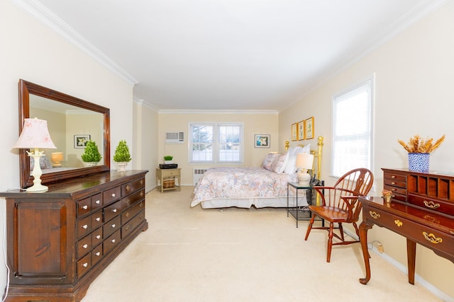 carpeted bedroom with crown molding, a wall mounted air conditioner, and radiator